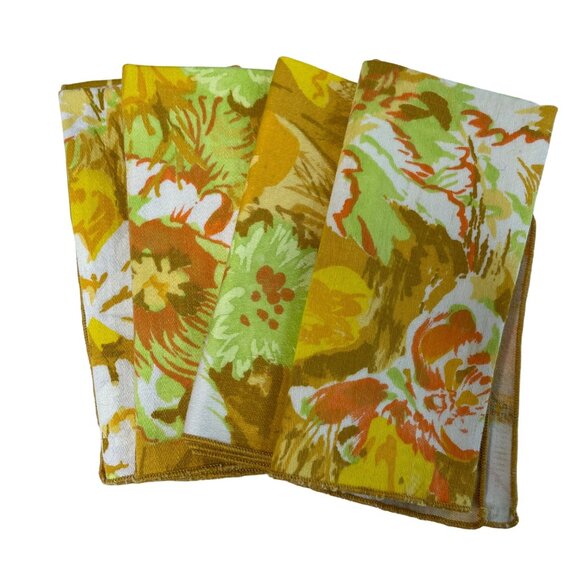 Set of 4 Cloth Napkins Retro Mid Century Modern MCM Mustard Florals Square u - Picture 8 of 8